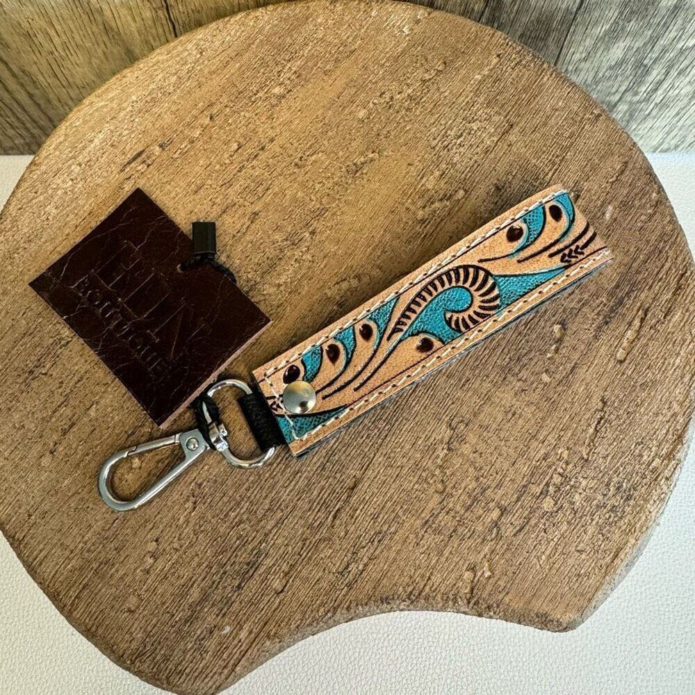 Leather Bag Charm Tooled Leather Western Keychain Paisley Blue NEW FAST SHIP